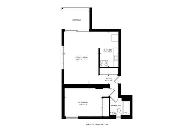 1 Bedroom 1 Bath 12 floor plan