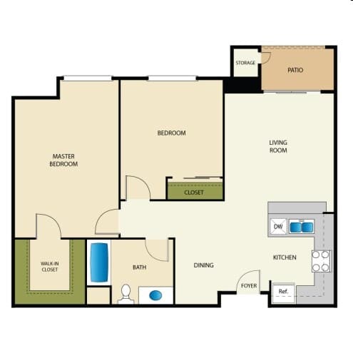 2 Bed, 1 Bath floor plan