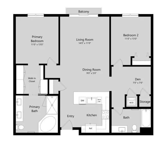 2 Bed 2 Bath Flat + Den A 1-416 floor plan