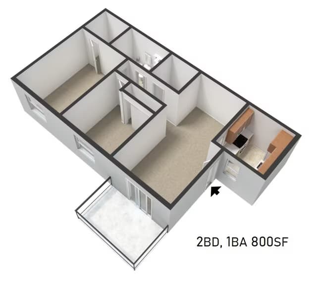 2 bed, 1 bath 6202 floor plan