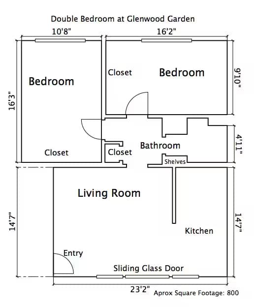 2 Bedrooms / 1 Bathroom floor plan