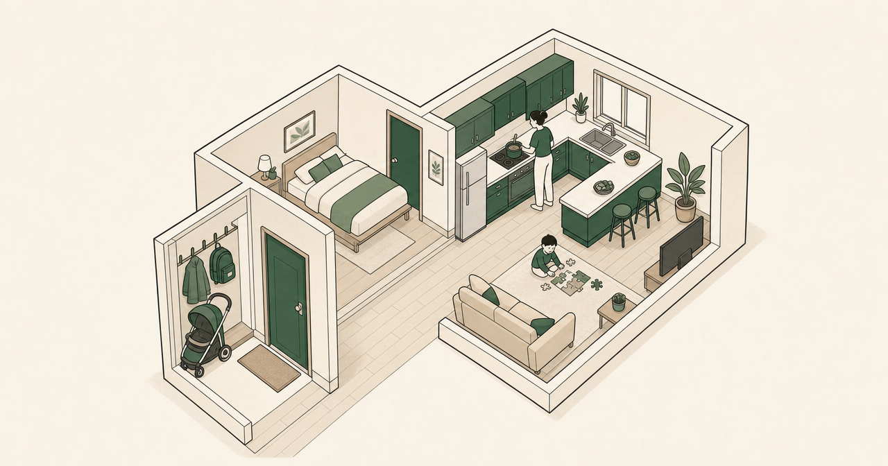 Apartment cutaway with a separate bedroom, visible play area and recessed stroller storage beside the entrance.