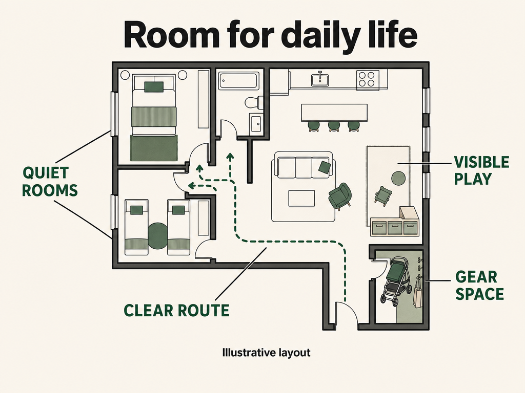 Illustrative layout with separate bedrooms, visible play space, recessed stroller storage and a clear walking route.