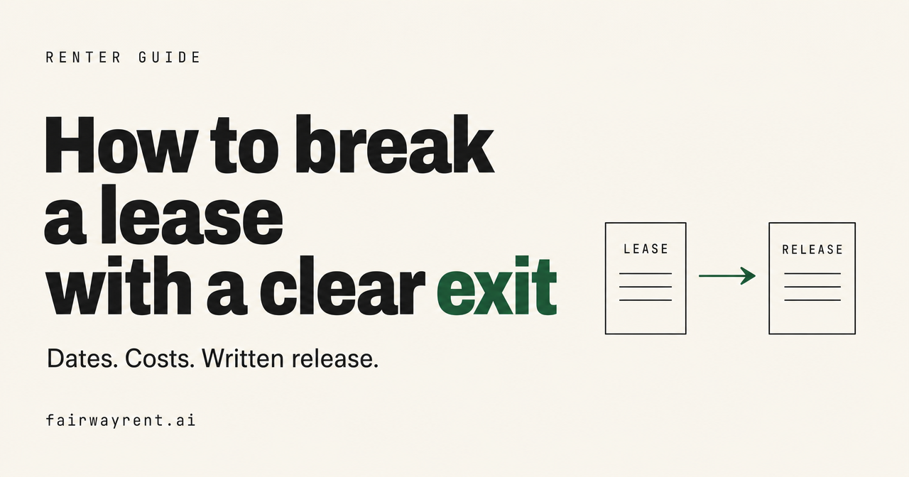 Lease-to-release diagram beside the heading How to break a lease with a clear exit, with dates, costs, and written release emphasized.