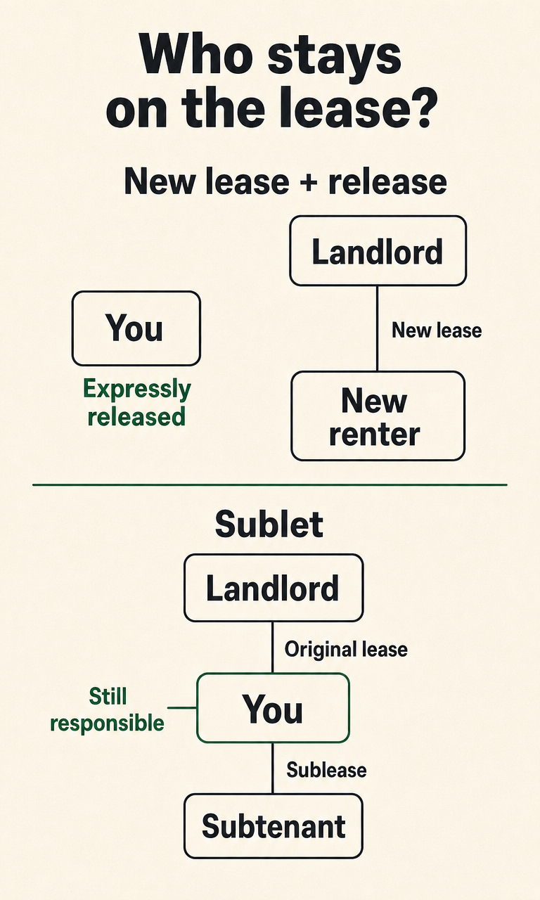 A released replacement rents directly from the landlord; a sublet keeps you responsible under the original lease.