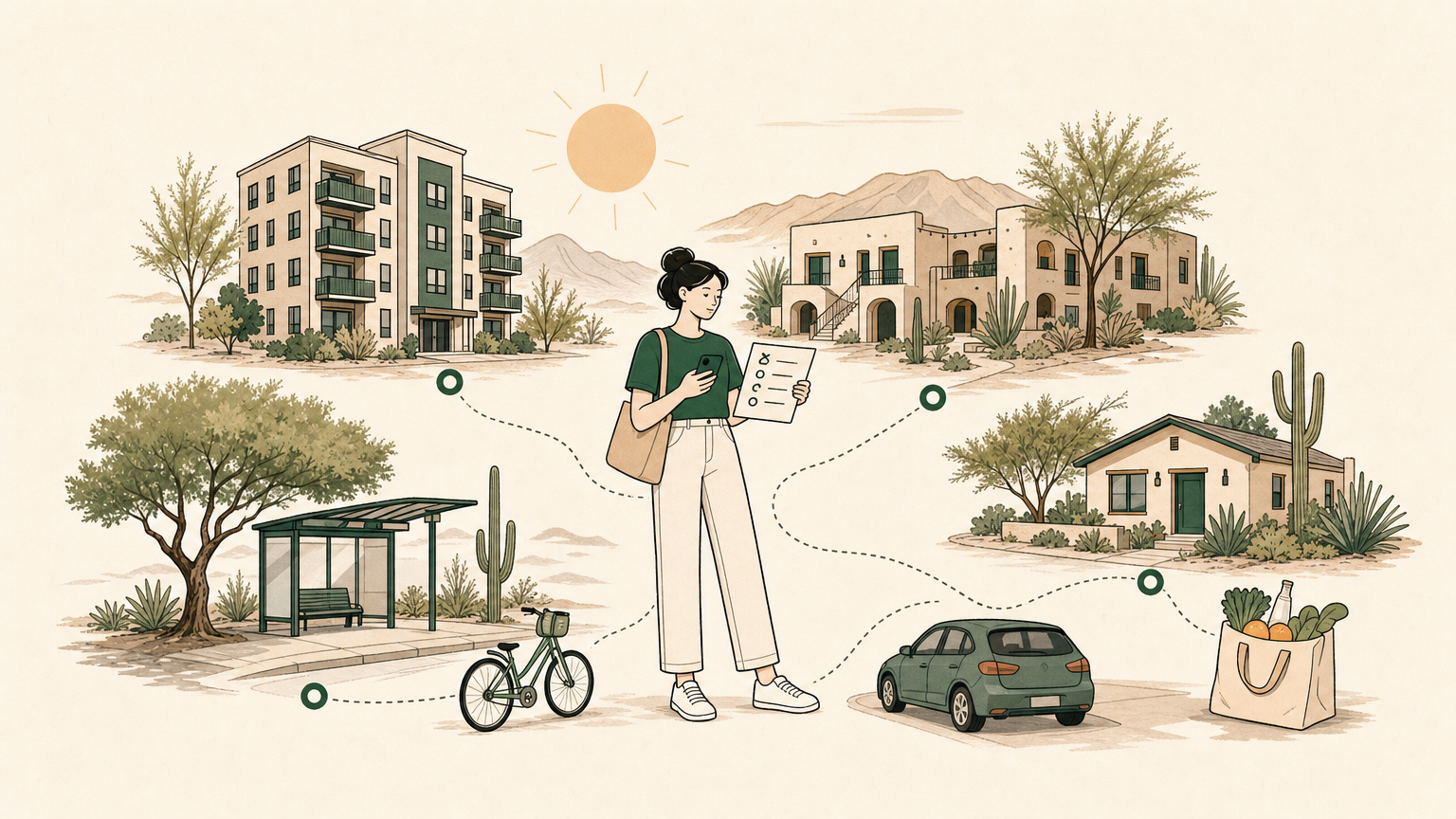 A renter compares Phoenix apartments, a casita, transit, shade, driving, and daily errands.