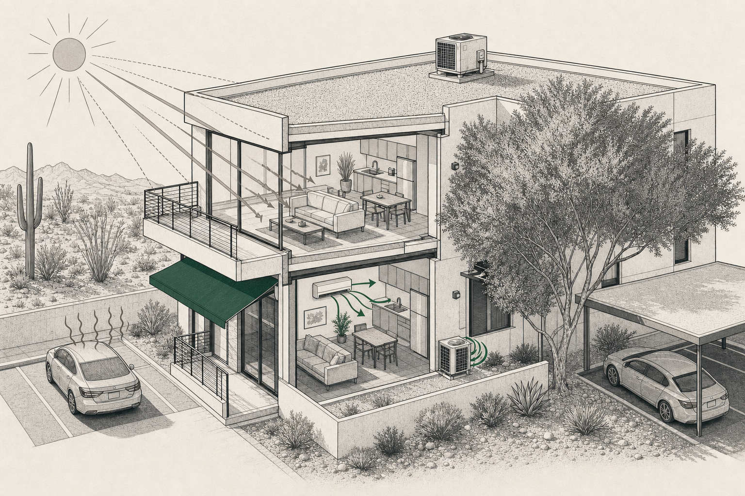 Cutaway comparing a sun-exposed top-floor apartment with a shaded lower unit in Arizona