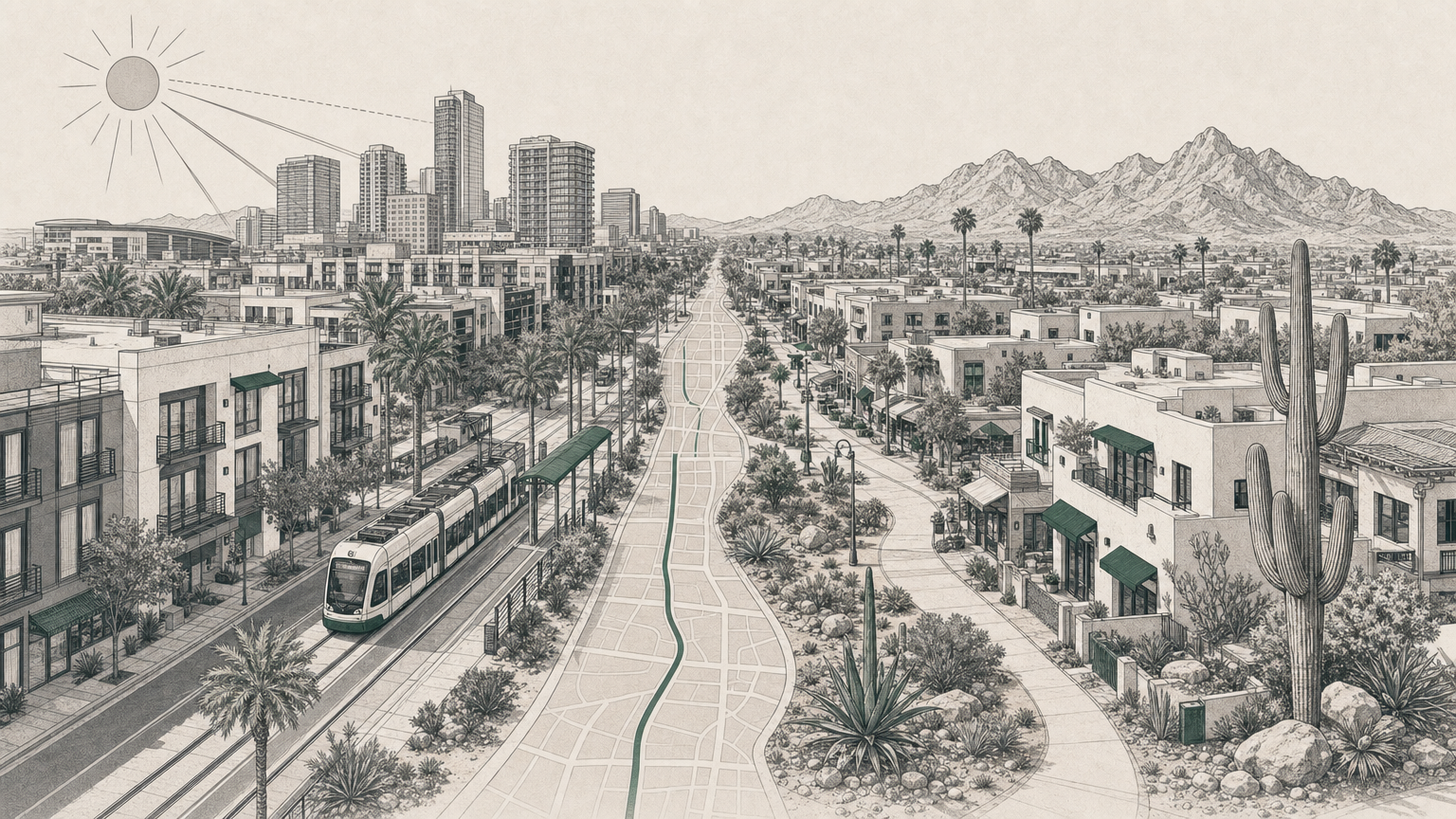 Illustration comparing Phoenix high-rises and light rail with Scottsdale apartments, saguaros, and desert mountains