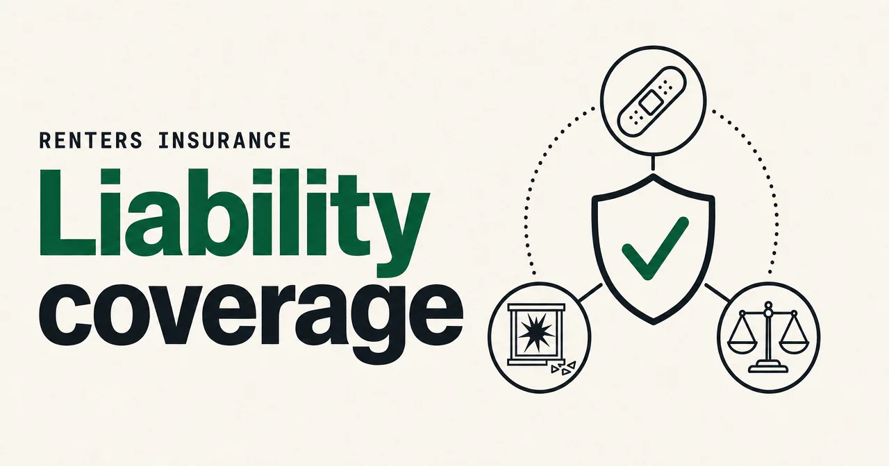 Renters insurance liability coverage shown with a shield, bandage, cracked window, and legal scales.