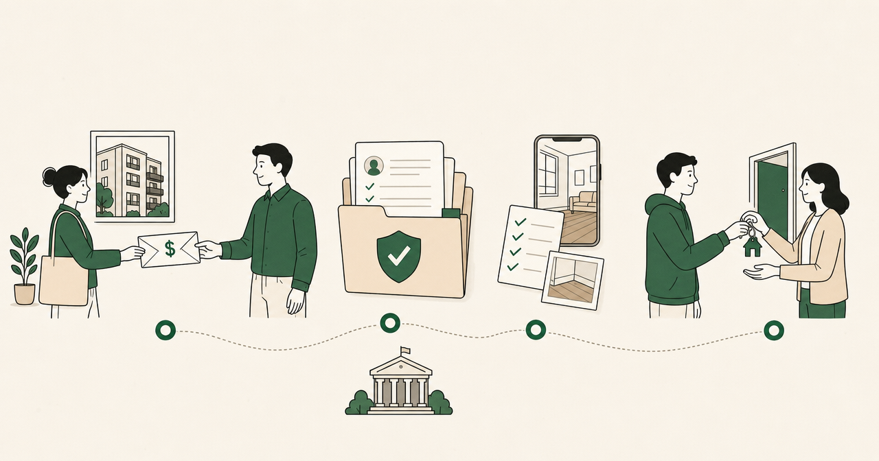 A renter pays a security deposit, keeps rental records, documents the home, and returns keys, with local rules shown below.