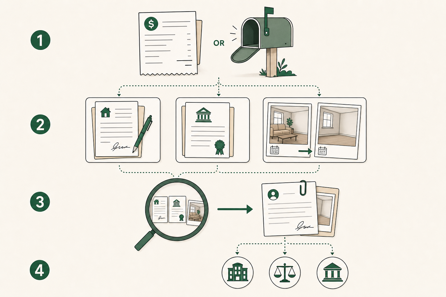 A four-step dispute path compares an itemization or missing return with the lease, local rules, and condition photos before a written request and local help.