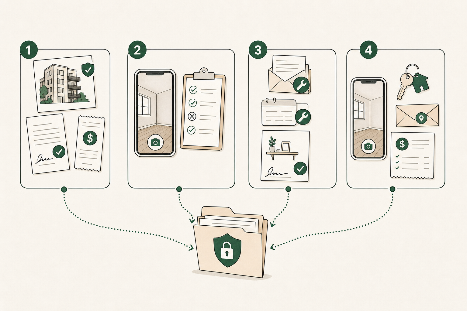 Four numbered stages show the records to save before payment, at move-in, during the lease, and at move-out, all flowing into one secure folder.